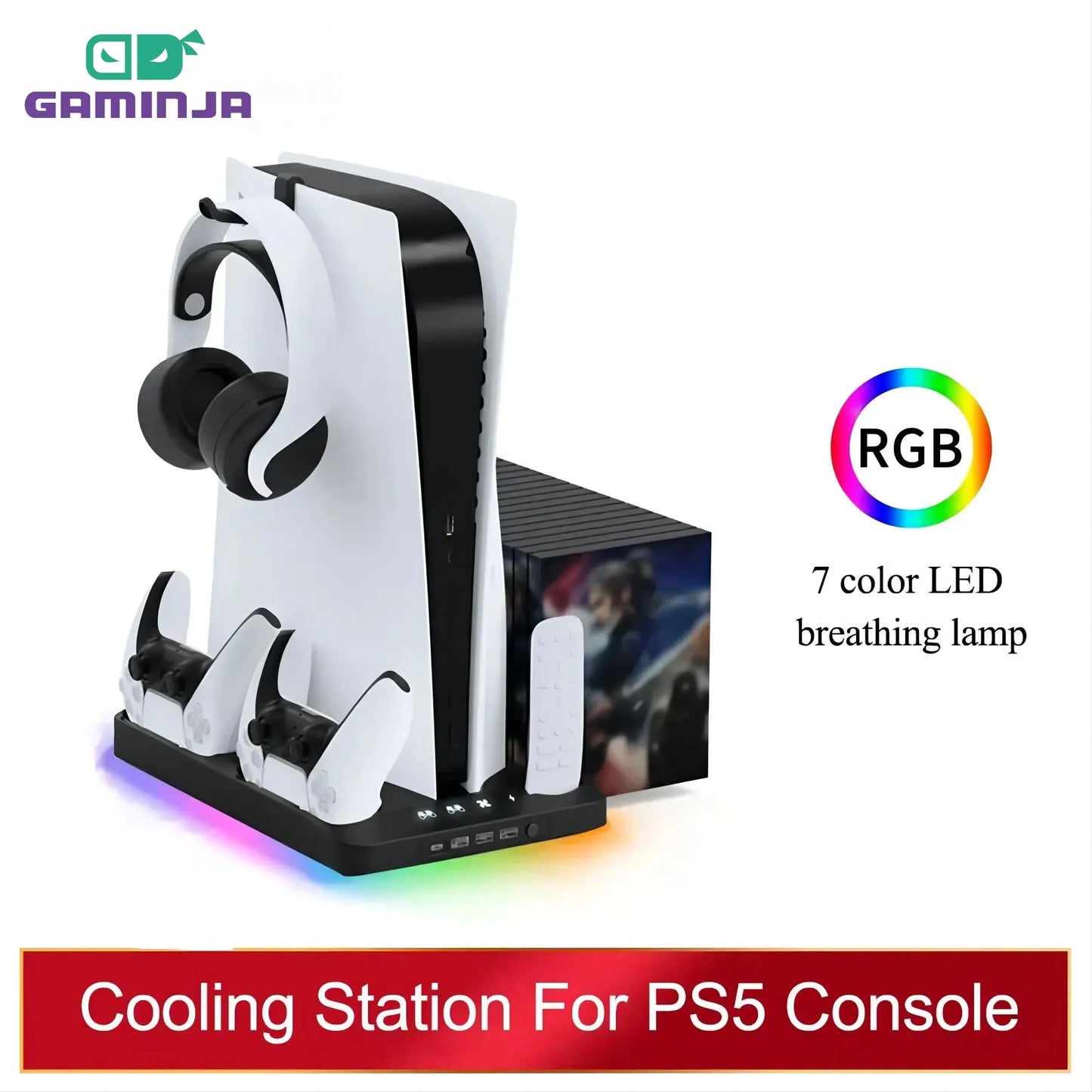 EASE GAMINJA Stand Cooling Station With RGB Light Cooling Fan Dual Controllers Charger For Playstation 5