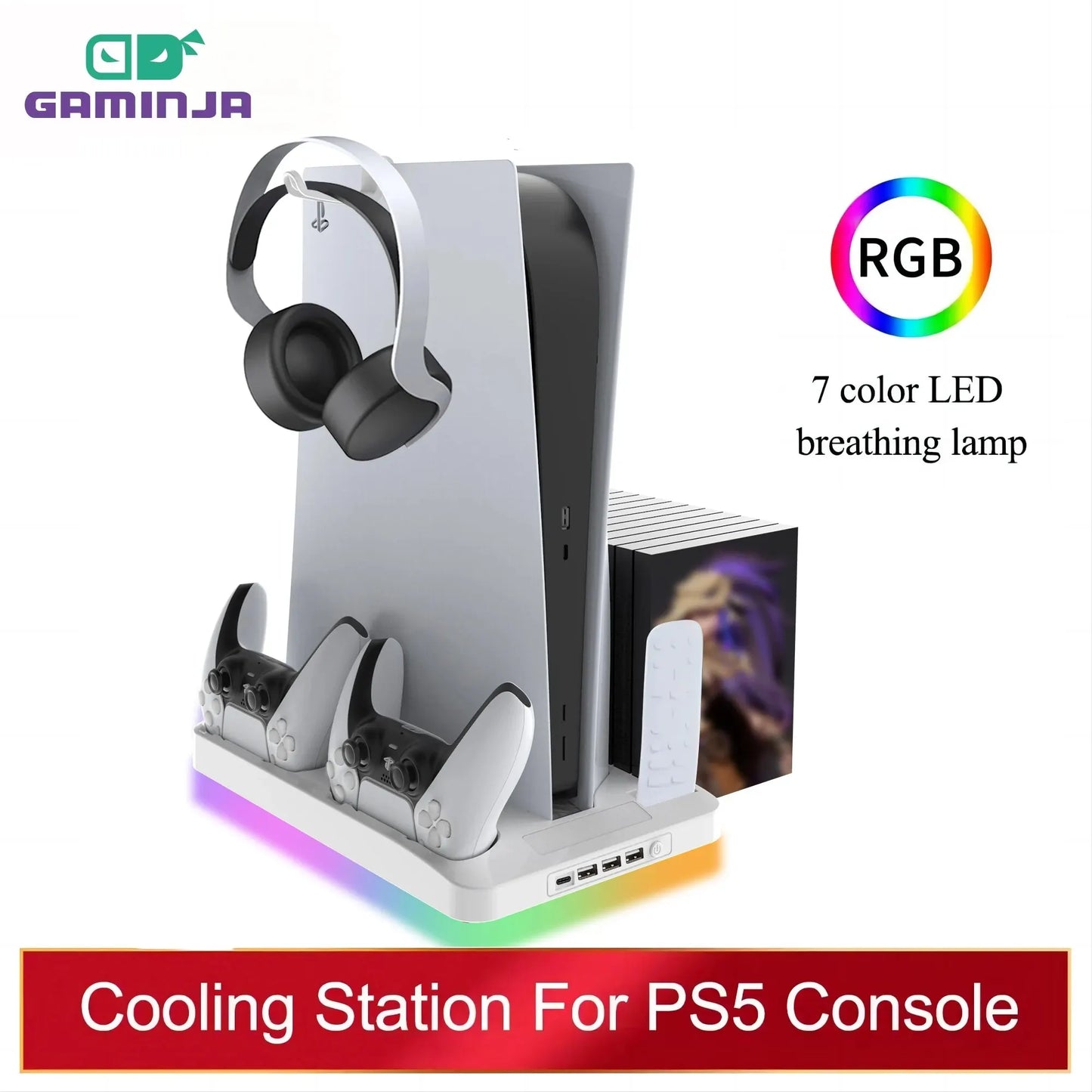 EASE GAMINJA Stand Cooling Station With RGB Light Cooling Fan Dual Controllers Charger For Playstation 5